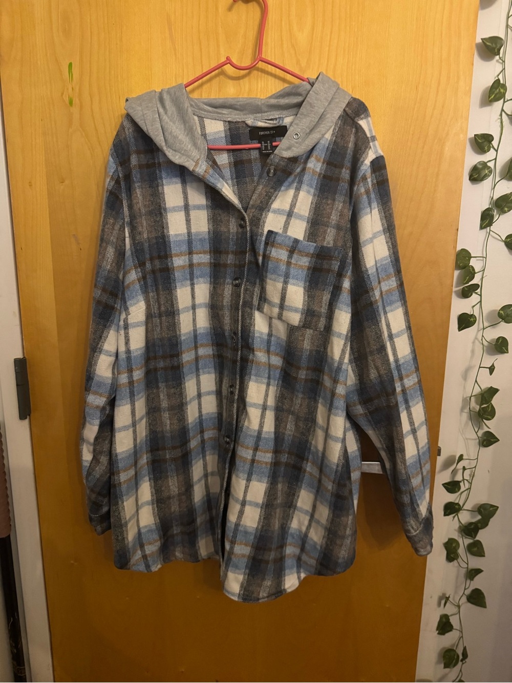 Forever 21+ Plus Size 3X Hooded Plaid Flannel Shirt Jacket Blue Cream Brown